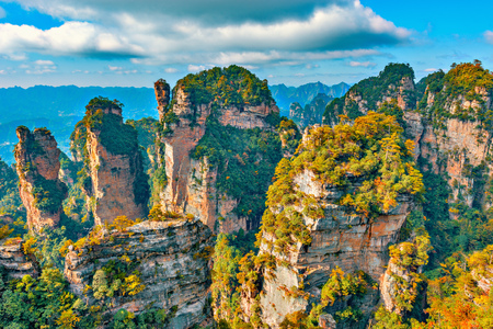 Colorful cliffs in Zhangjiajie Forest Park at sunny morning time. China.の写真素材