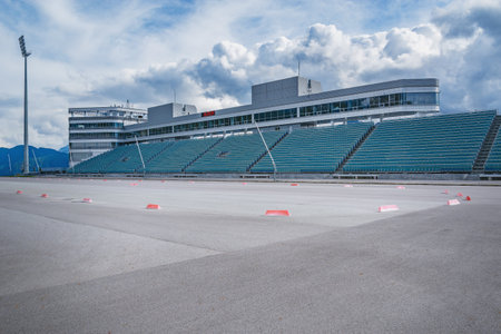 Krasnaya polyana, Russia - October 02, 2017: Empty biathlon complex "LAURA".のeditorial素材