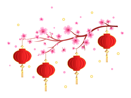 Traditional Chinese New Year Red Lantern on white background. Vector illustration.のイラスト素材