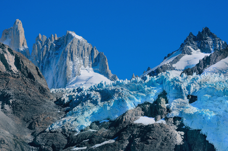 Glacier moves to the lake near Fitz Roy mountain. Los Glaciares National park. Argentina.の写真素材