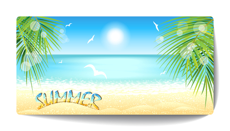 Banner of sand beach at sunset time. Vector illustration.のイラスト素材