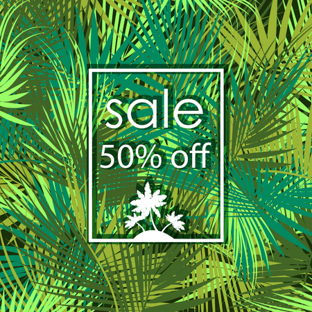 Sale 50 percent off on green palm tree branches background. Vector illustration.のイラスト素材