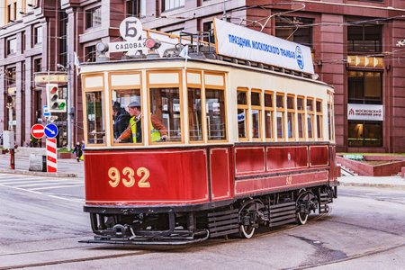 Moscow, Russia - April 21, 2018: Vintage tram on the town street in the historical city center.
