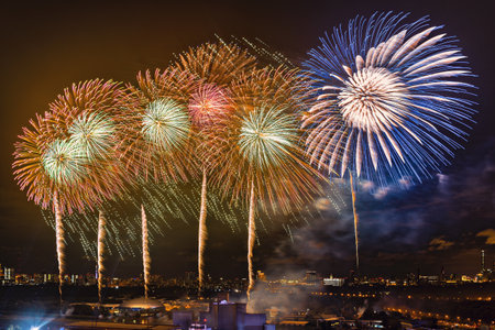 Moscow, Russia - September 25, 2018: Colorful fireworks for free open air international festival "Circle of light" by decorations and fountains on Grebnoy channel.のeditorial素材