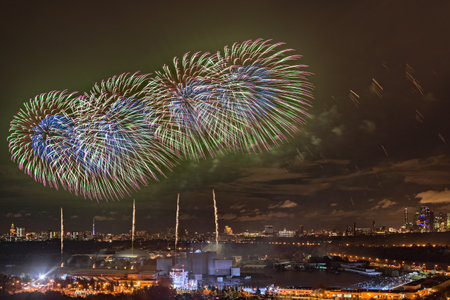 Moscow, Russia - September 25, 2018: Colorful fireworks for free open air international festival "Circle of light" by Grebnoy channel.のeditorial素材