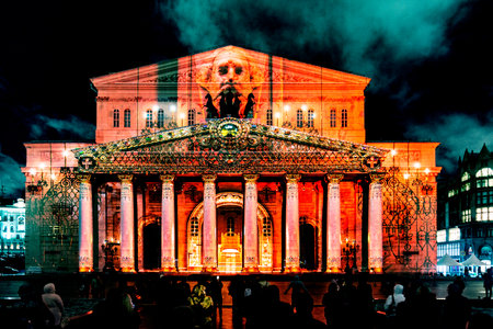 Moscow, Russia - September 25, 2018: State Academic Bolshoi Theatre Opera and Ballet illuminated for free open air international festival Circle of light.のeditorial素材