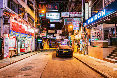 Hong Kong - December 14, 2016: Night street view in Central city District.のeditorial素材