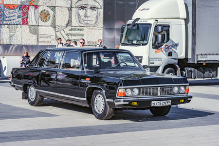Korolev, Russia - May 18, 2019: Retro automobile Chaika for USSR government members on the city square at retro cars parade time.のeditorial素材