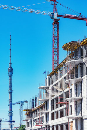 Moscow, Russia - May 17, 2019: View of construction site near Ostankino district at day time.のeditorial素材
