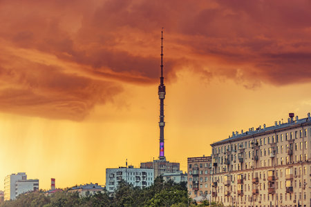 Moscow, Russia - June 03, 2016: Ostankino tower under the stormy sky at sunset time.のeditorial素材
