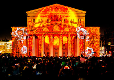 State Academic Bolshoi Theatre Opera and Ballet illuminated for free open air international festival Circle of lightのeditorial素材
