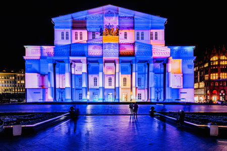 Moscow, Russia - September 21, 2018: State Academic Bolshoi Theatre Opera and Ballet illuminated for free open air international festival Circle of lightのeditorial素材