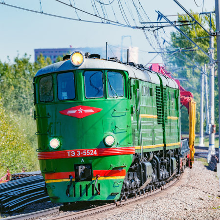 Moscow, Russia - August 30, 2019: Retro diesel locomotive TE-3 at Pro-Motion-Expo exhibition. Locomotive TE-3 was made since 1954.のeditorial素材