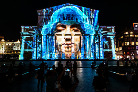 Moscow, Russia - September 21, 2018: State Academic Bolshoi Theatre Opera and Ballet illuminated for free open air international festival Circle of light.のeditorial素材