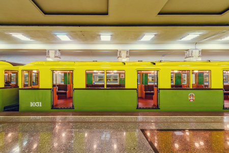 Moscow, Russia, September 28, 2019: Retro subway train of A series stands by the platform. Trains of A series were made from 1934 yy.のeditorial素材