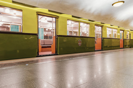 Moscow, Russia, September 28, 2019: Retro subway train of A series stands by the platform. Trains of...