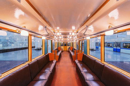 Moscow, Russia, September 28, 2019: Interior of the retro subway train of A series standing by the platform. Trains of A series were made from 1934 yy.のeditorial素材