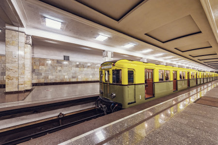 Moscow, Russia, September 28, 2019: Retro subway train of A series stands by the platform. Trains of...
