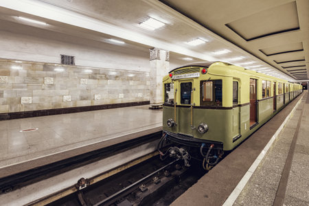Moscow, Russia, September 28, 2019: Retro subway train of A series stands by the platform. Trains of A series were made from 1934 yy.のeditorial素材