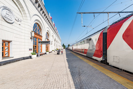 Sochi, Russia, October 04, 2019: Passenger double deck train number 103 is ready to depart from the main railway station.のeditorial素材