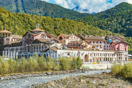 Hotels, shops and restaurants by Mzymta river.のeditorial素材