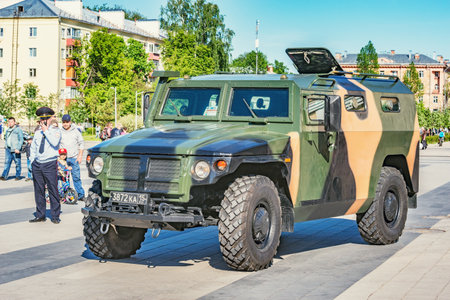 Korolev, Russia - May 18, 2019: Parade of military equipment on the city square.のeditorial素材