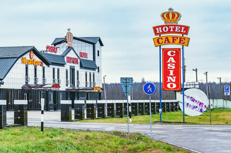 Shukhovtsy, Belarus - November 20, 2019: Day exterior view of Corona Casino by M1 highway.のeditorial素材