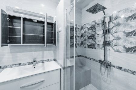 Bathroom interior with sink and shower stall.