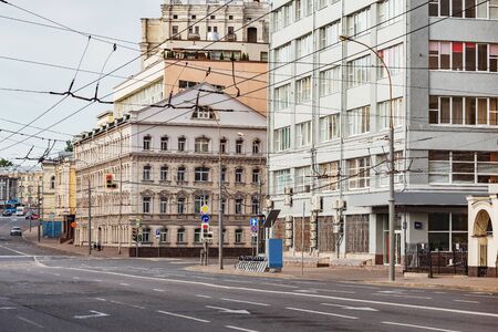 Empty city street at morning time. Moscow.