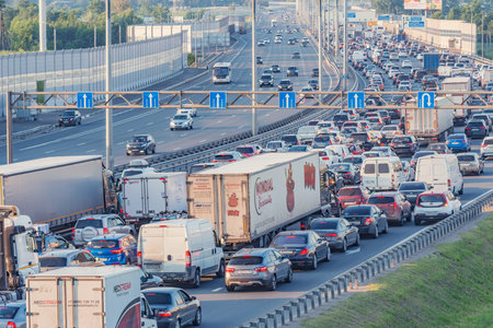 Korolev, Russia - June 27, 2020: View of the highway at sunset time.のeditorial素材