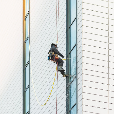 Worker washes the windows of the modern skyscraper.の写真素材