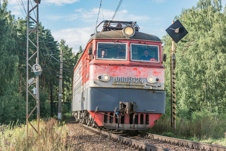 Korolev, Russia - August 10, 2020: Freight train moves by the forest at summer day time.のeditorial素材