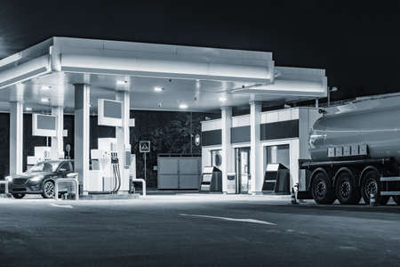 Night view of the territory of the gas station.の写真素材