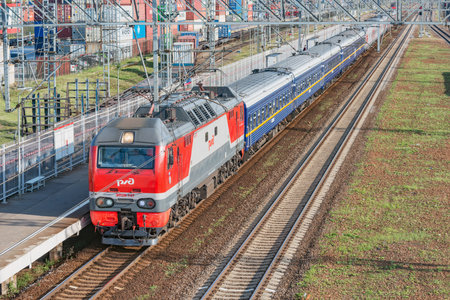 Moscow, Russia - September 16, 2020: Touristic train to Ruskeala-mountain park in Karelia stands by the platform before departure.のeditorial素材