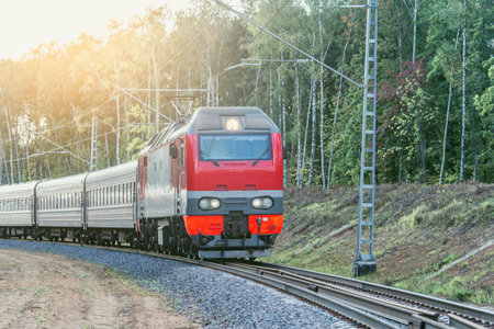 Passenger train moves by the forest at evening time.の写真素材