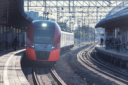 Moscow, Russia - September 16, 2020: Highspeed train approaches to the station platform.のeditorial素材