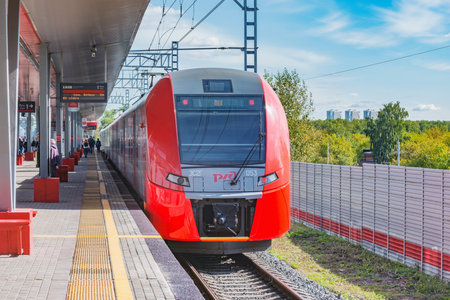 Moscow, Russia - September 16, 2020: Highspeed train stands by Rostokino station platform.のeditorial素材