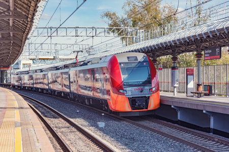 Moscow, Russia - September 16, 2020: MCC train stands by Likhobory station platform.のeditorial素材