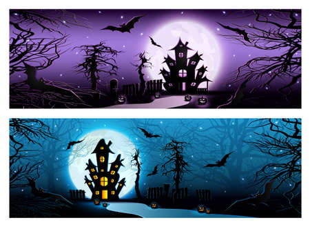 Halloween illustrations with houses, pumpkins, trees, moon and bats. Vector illustration.のイラスト素材