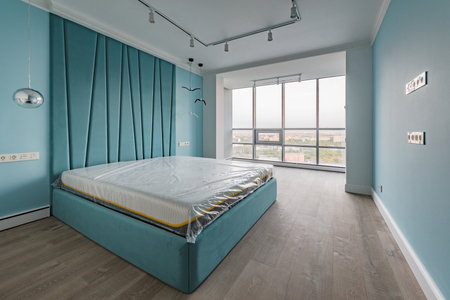 Moscow, Russia - September 23, 2020: Interior of the bedroom on the luxury rich appartments.のeditorial素材