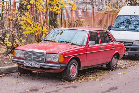Korolev, Russia - October 29, 2020: Retro passenger Mercedes car stands on the autumn city street.のeditorial素材