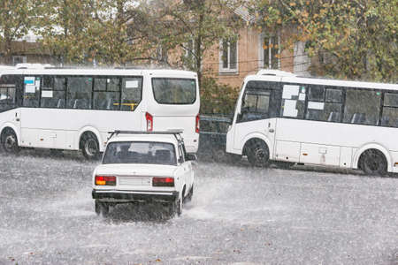 Wet street under the pouring rain. Sochi. Russia.の写真素材