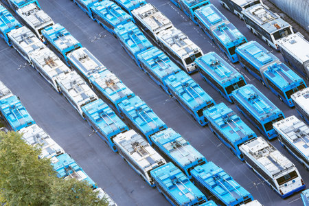 Moscow, Russia - September 23, 2020: Many old trolleybuses stand on the parking.のeditorial素材