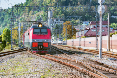 Freight train moves through Dagomys station to Sochi. Russia.の写真素材