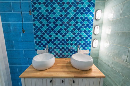 Moscow, Russia - September 23, 2020: Interior of the bathroom in the luxury rich apartments.のeditorial素材