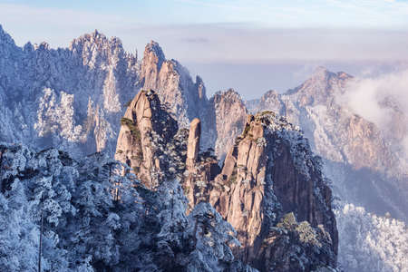 Peaks of Huangshan National park at sunset. China.の写真素材