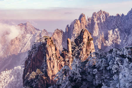 Peaks of Huangshan National park at sunset. China.の写真素材