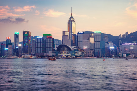 Central District, Hong Kong - December 09, 2016: Evening view of Hong Kong harbor.のeditorial素材
