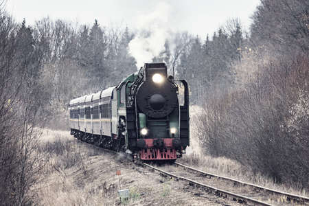 Steam train moves at autumn day time.