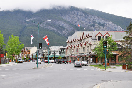 Banff, Canada - June 11, 2011: Banff avenue at day time.のeditorial素材